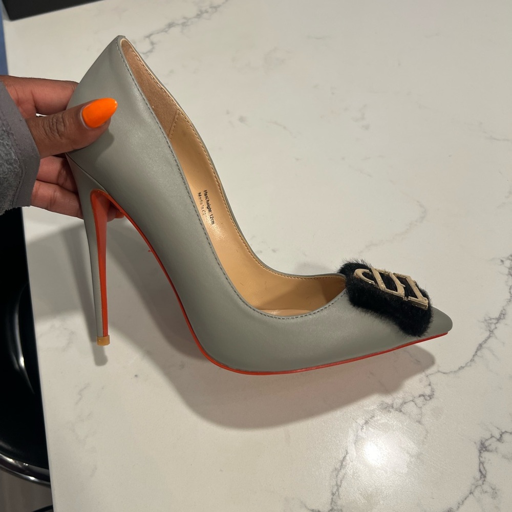 Gray Heels with Black Fur Detail